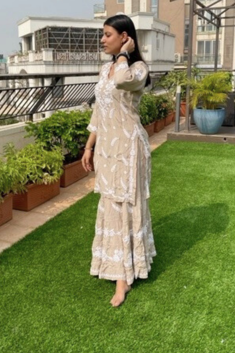 IBADAT Beige satin cotton coord garara set