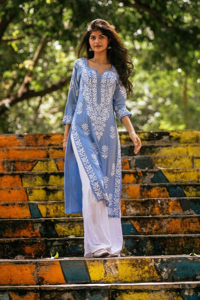 Buy Solid Blue Kurtas For Women - Powder Blue Chanderi Kurta With  Embroidered Yoke