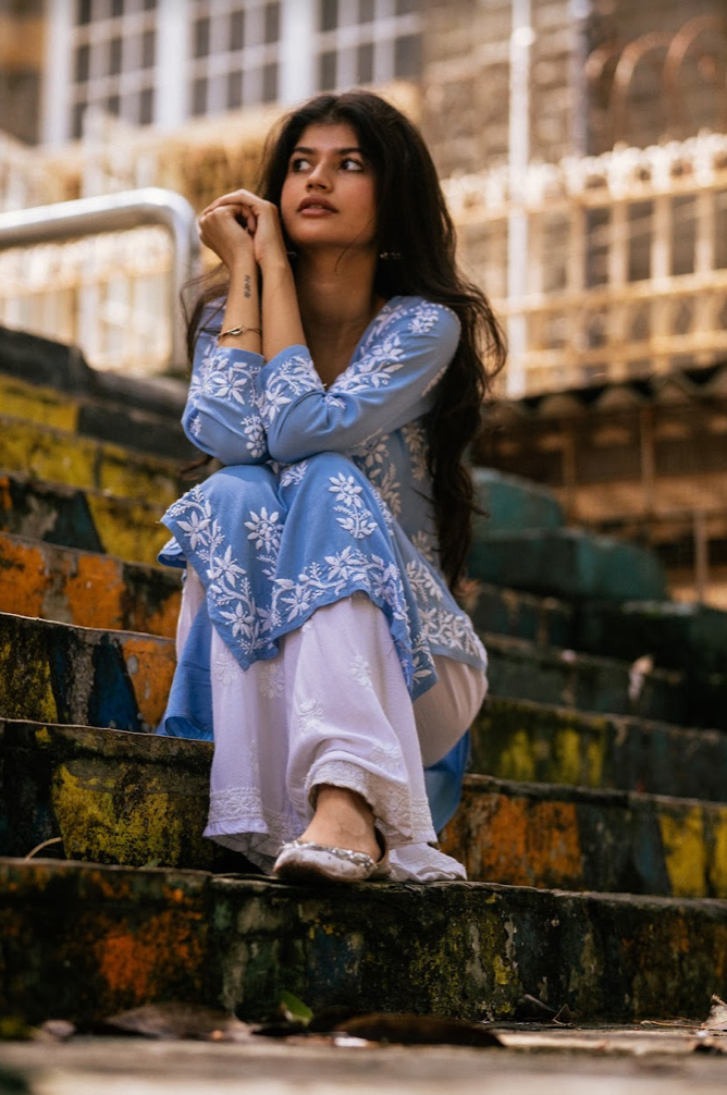 Buy Blue Cotton Embroidery Round Printed Kurta Set For Women by Naaz By  Noor Online at Aza Fashions.